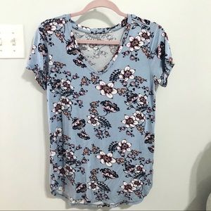 Blue floral v-neck tunic Pink Rose Cozy Tee